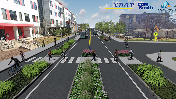 View of 12th Ave S complete and green street project at Acklen Avenue, looking south from above street level